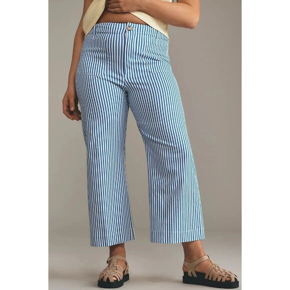 Anthropologie Maeve Colette Crop Linen Pants Wide Leg Blue Stripe 24W NWT - Picture 2 of 16